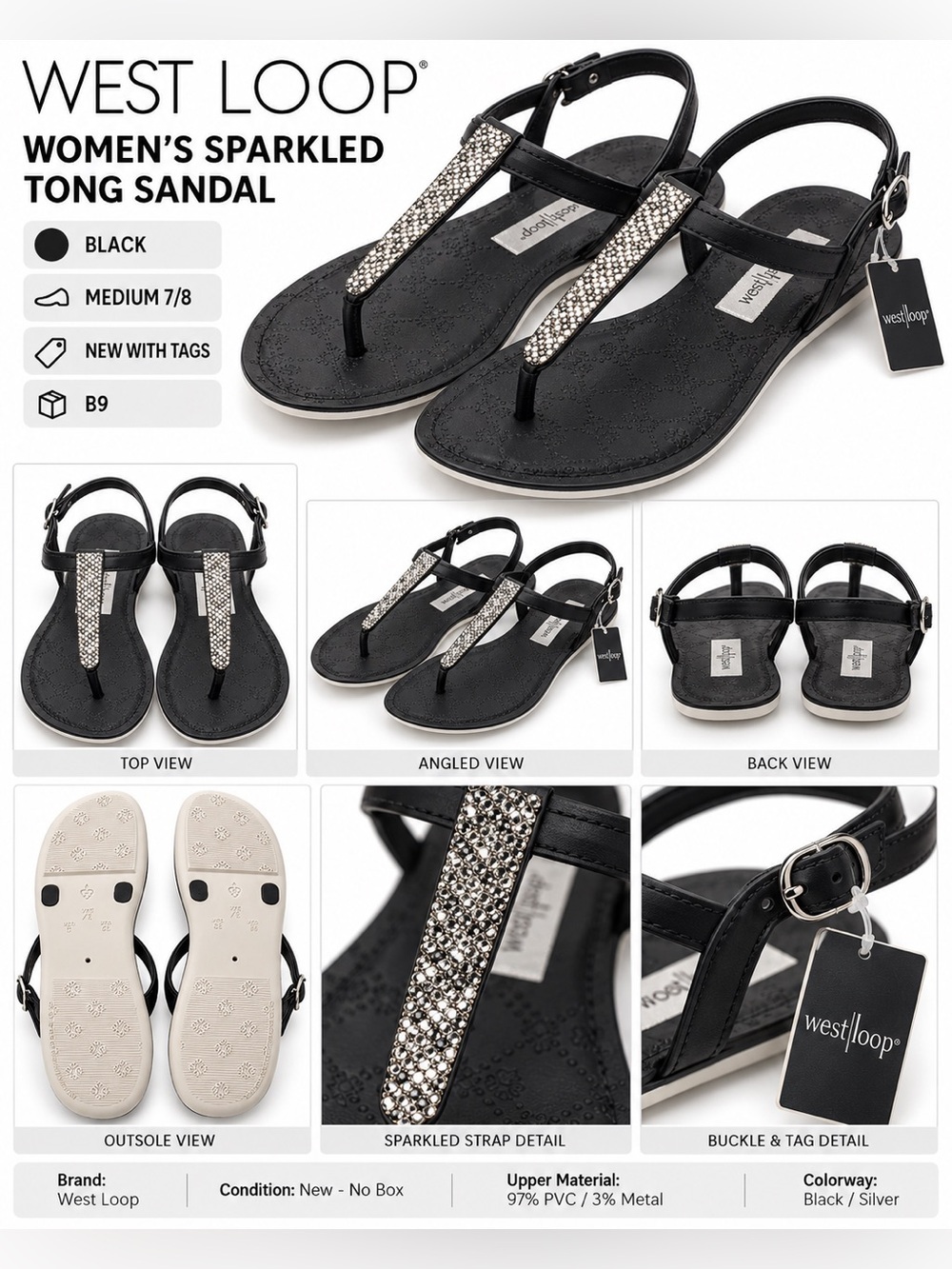 WEST LOOP WOMEN’S THONG SANDALS – BLACK SIZE MEDIUM 7/8 (NEW WITH TAGS) B9